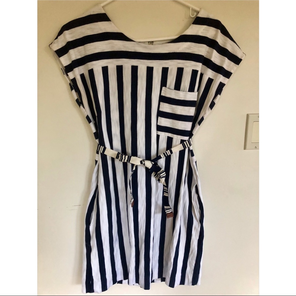 Flattering navy and white stripe dress!